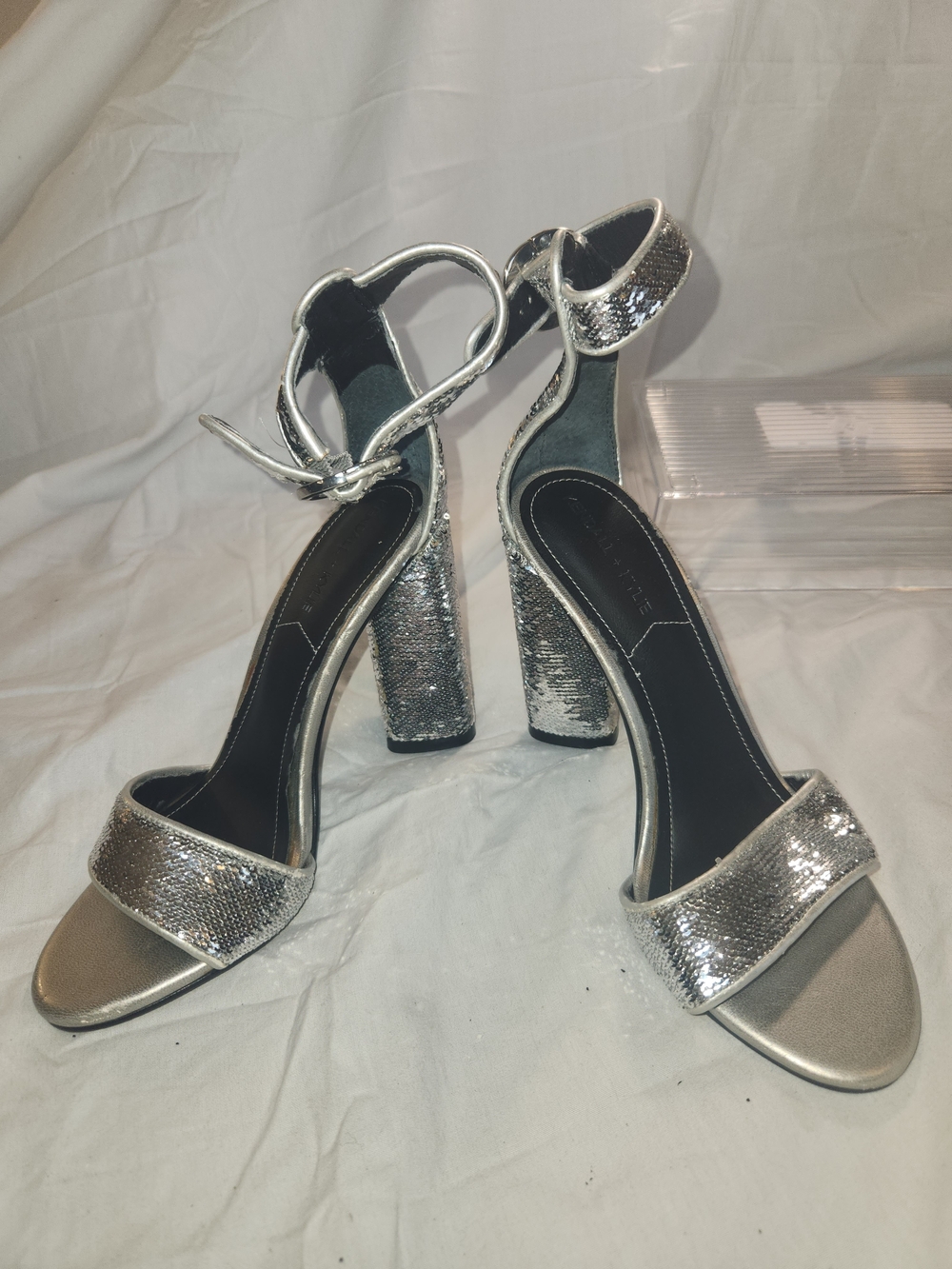 Kendall & Kylie Silver Sequin Block Heel Ankle-Strap Sandals